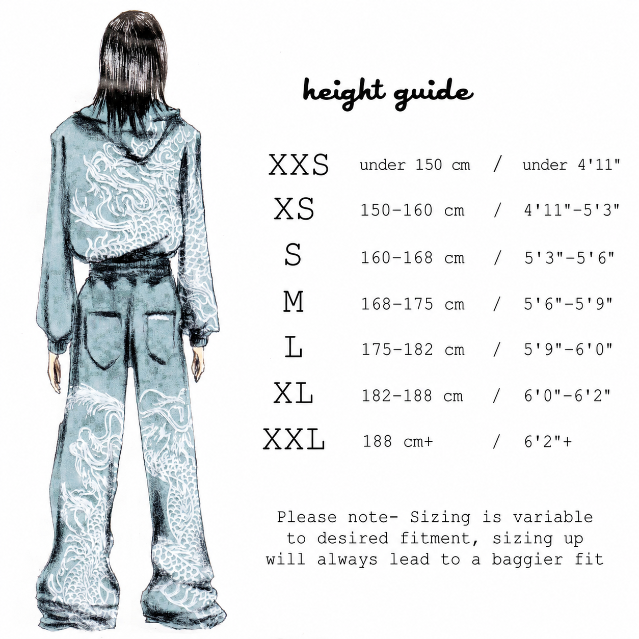 Size chart for Grey reflection hoodie