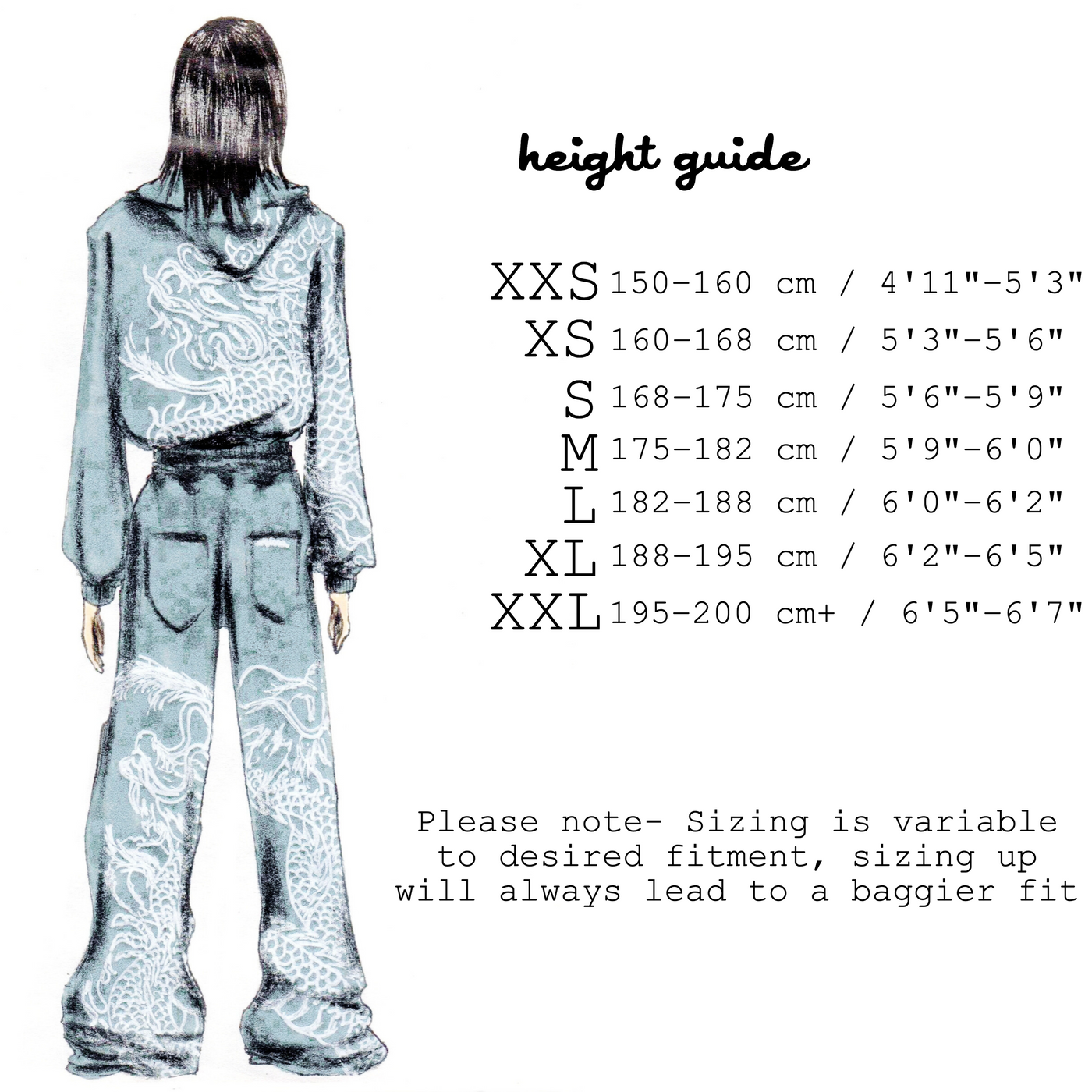 Size chart for Carbon reflection hoodie