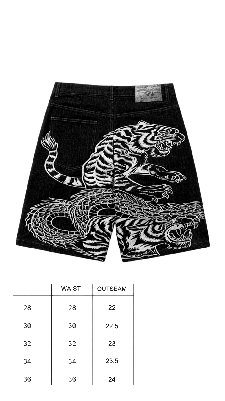 Size chart for Selvedge tiger trinity jorts