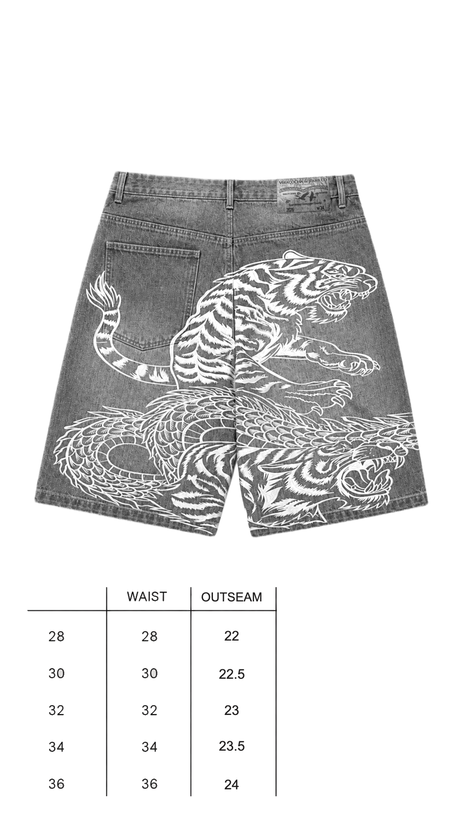Size chart for Ocean selvedge tiger trinity jorts