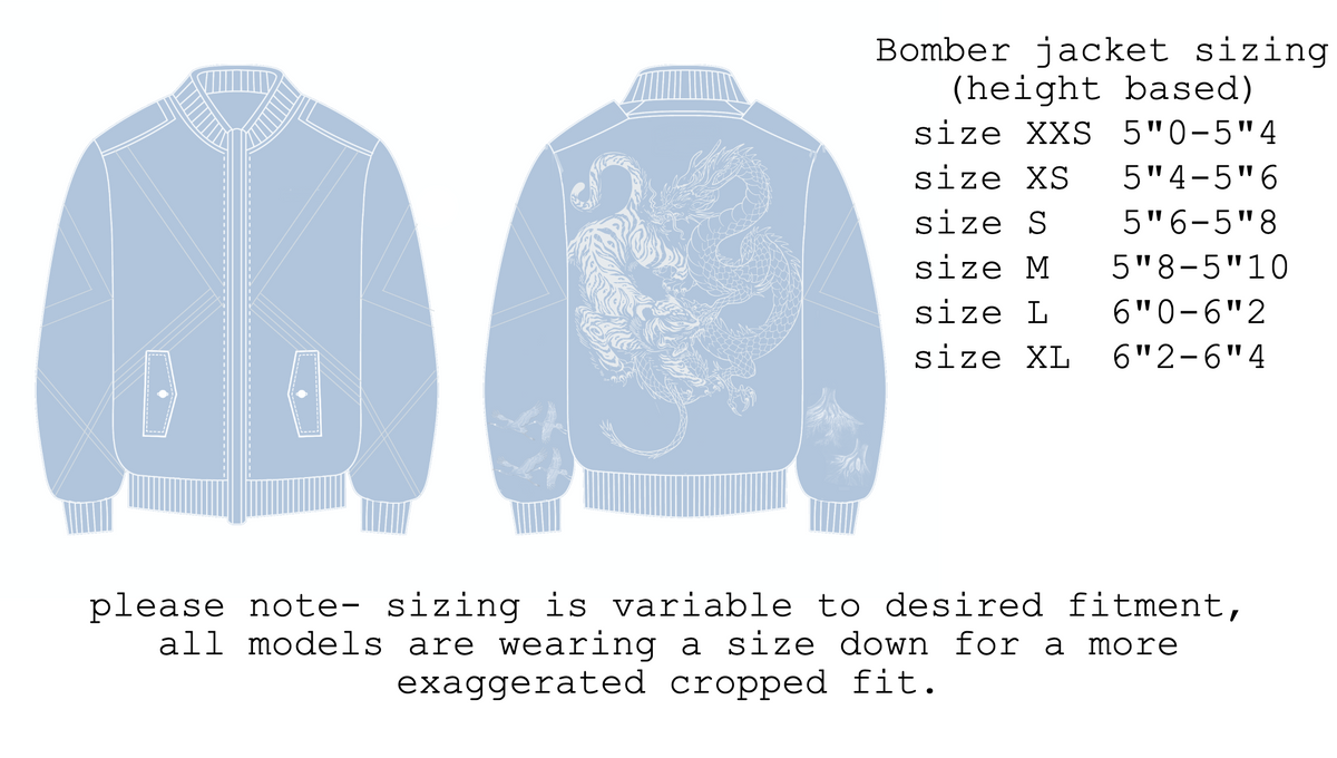 Size chart for Ocean blue confrontation bomber