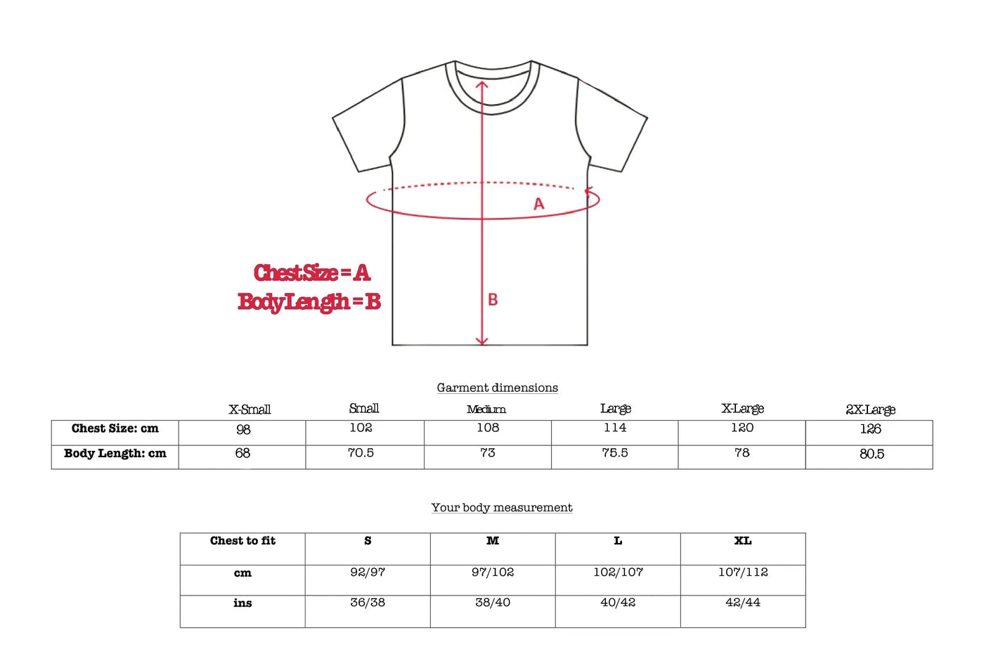 Size chart for BLACK TIGER TRINITY TEE