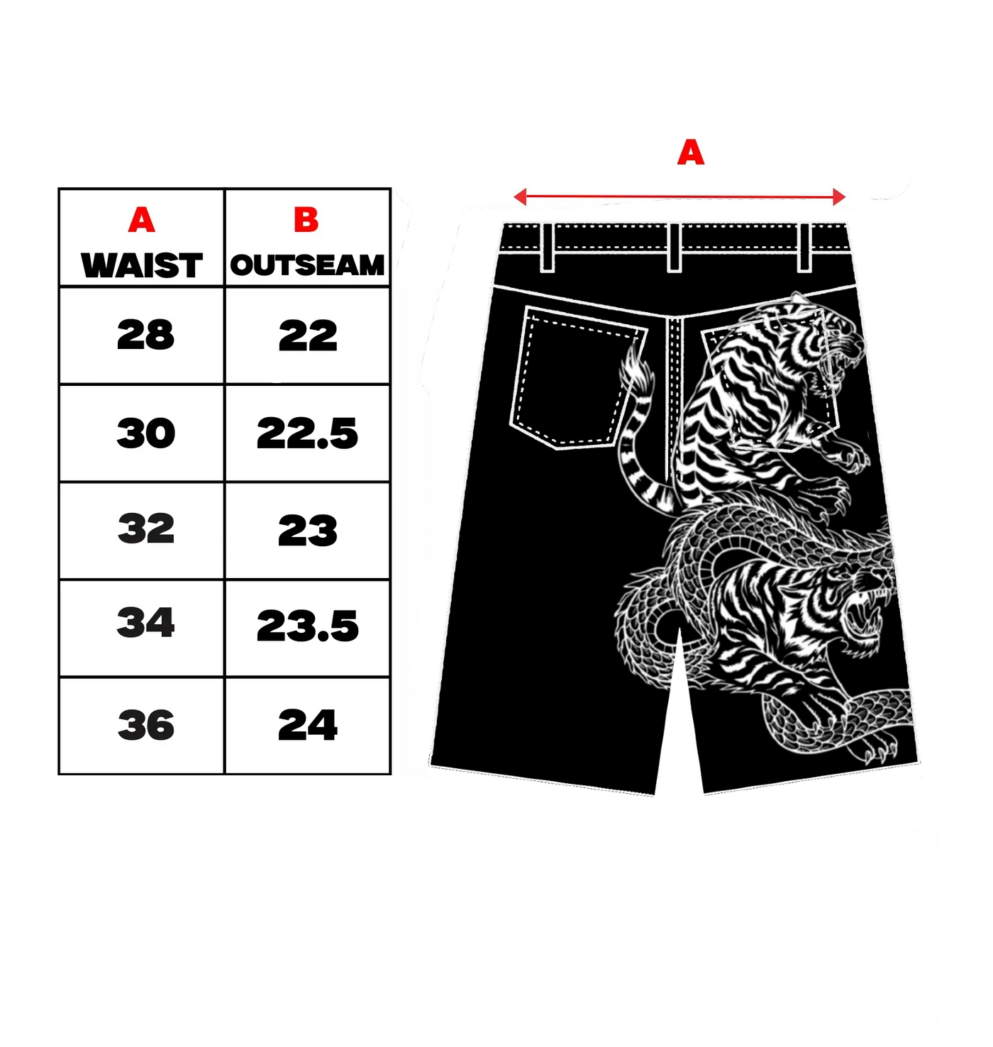 Size chart for Tiger trinity jorts