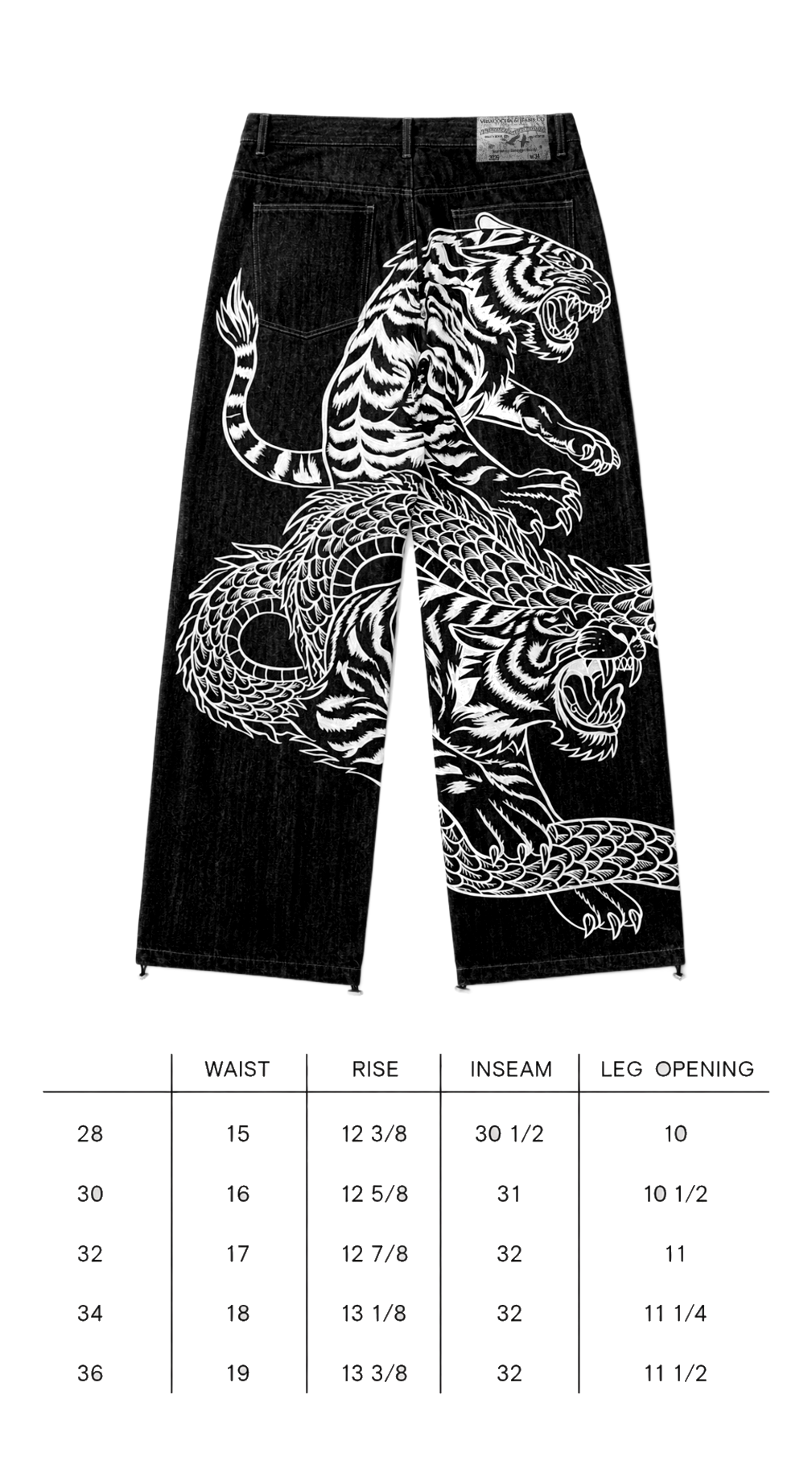 Size chart for Selvedge tiger trinity denim