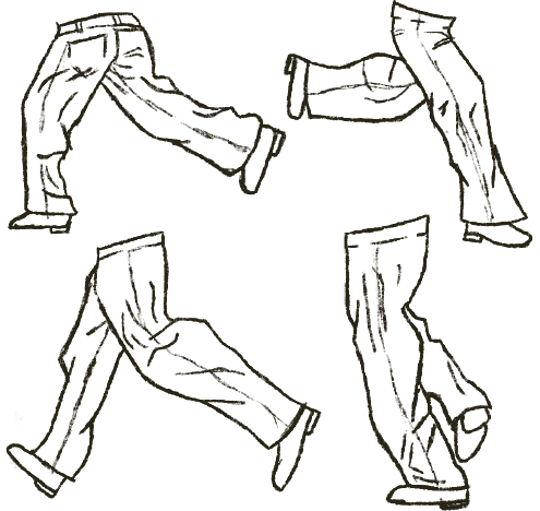 Four studies of legs walking in wide leg denim