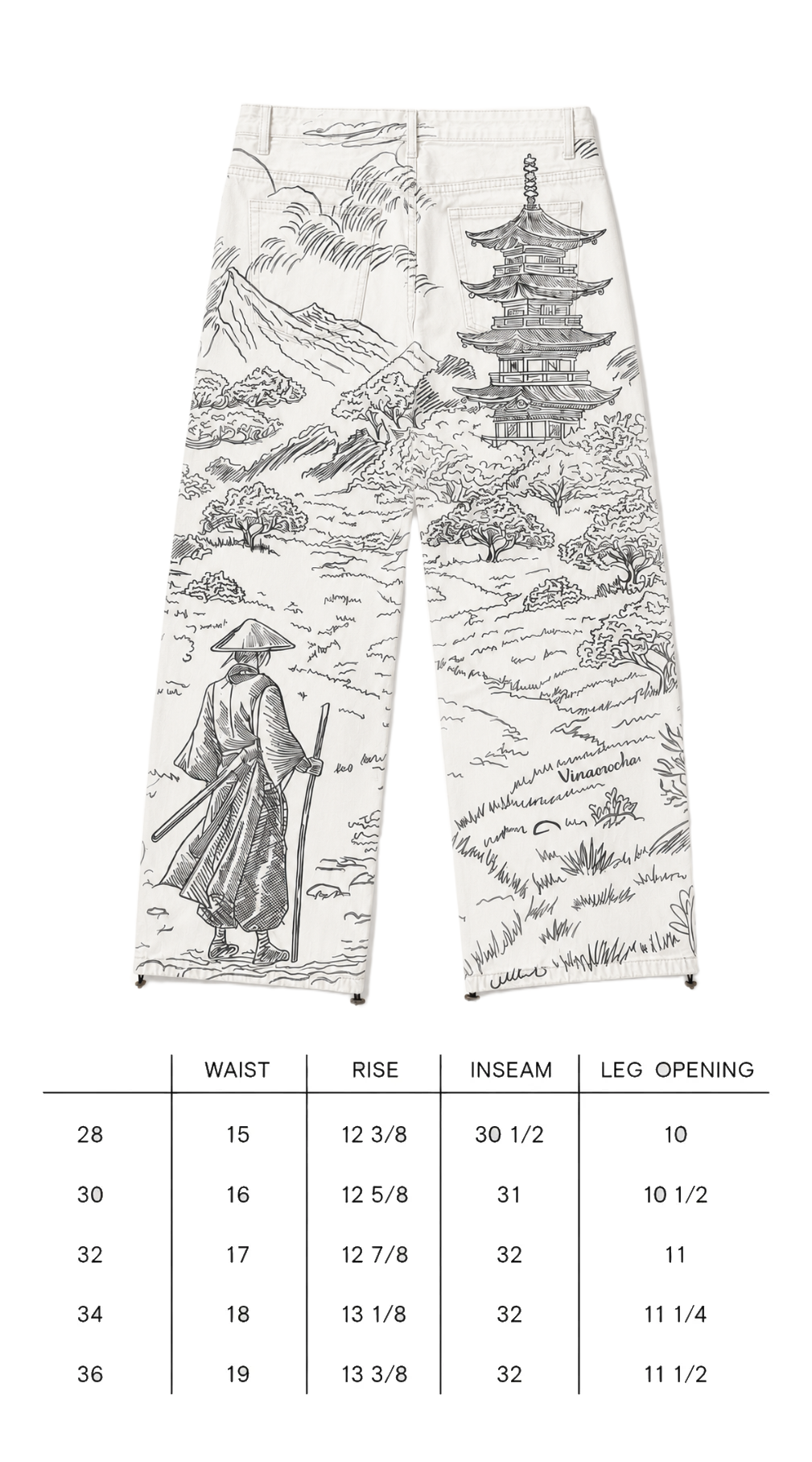 Size chart for Wondering Rōnin Denim in Ivory